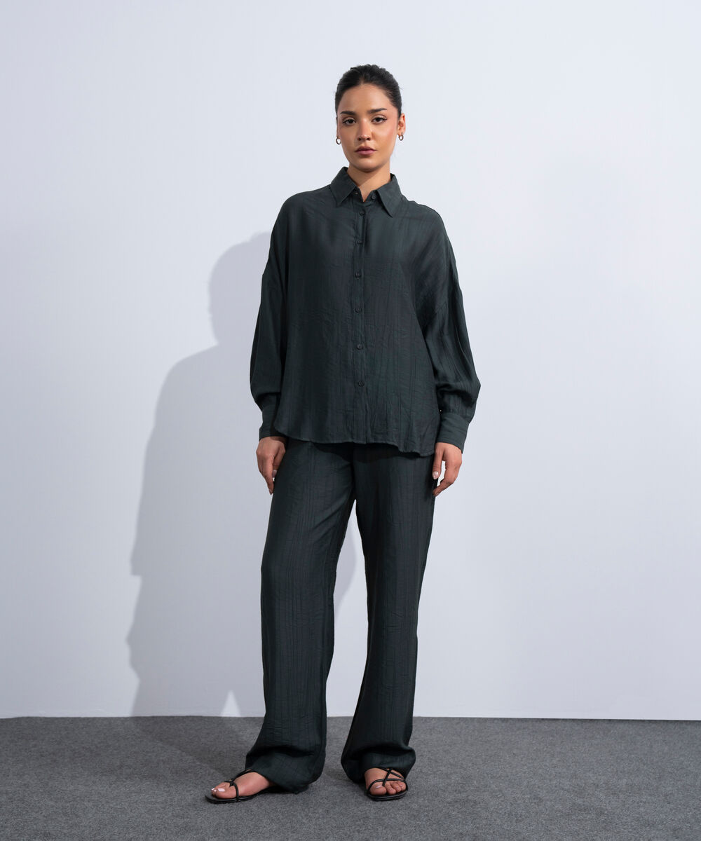 Women's Western Dark Grey Oversized Textured Shirt