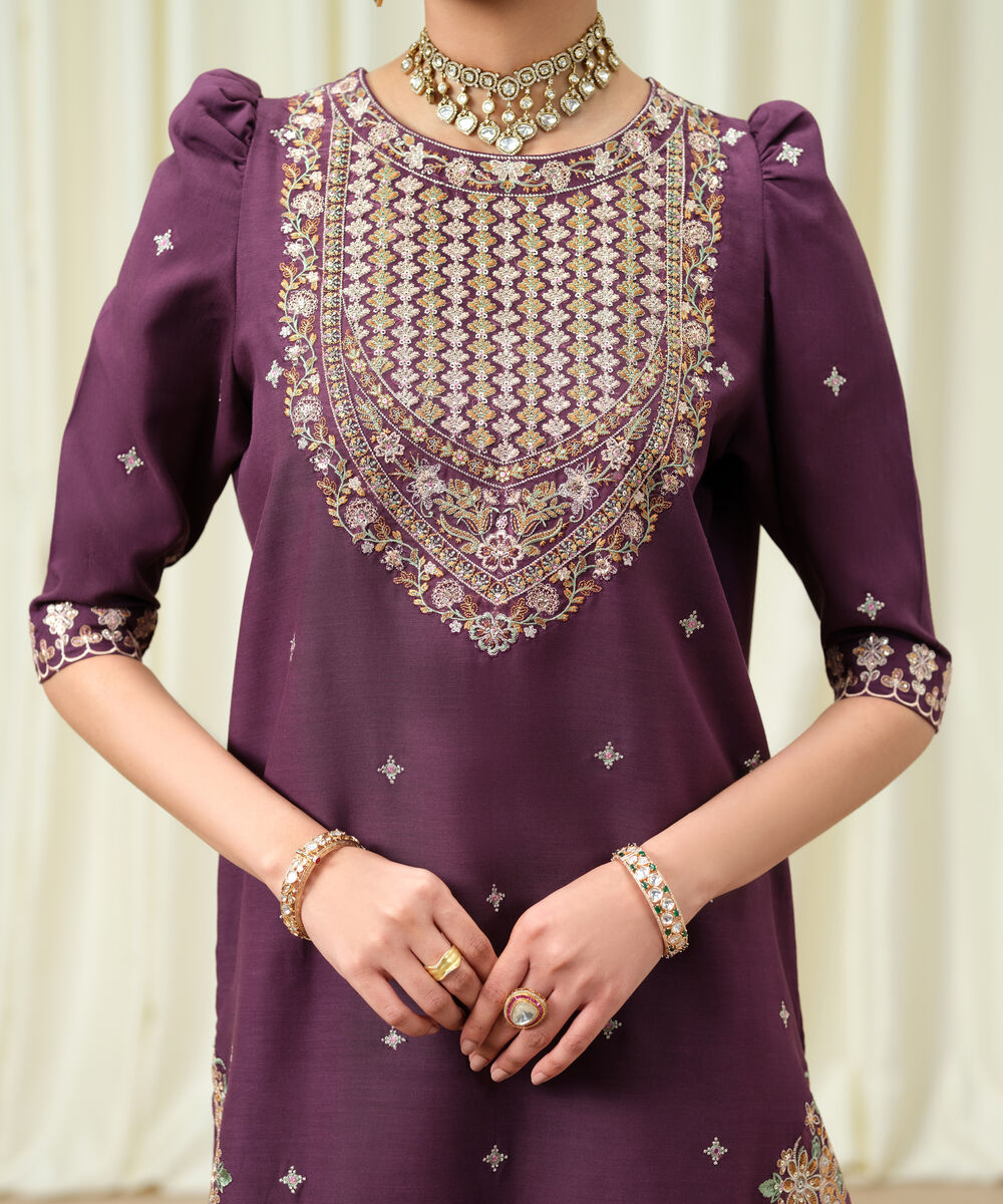 Women's Unstitched Viscose Raw Silk Embroidered Purple 3 Piece Suit