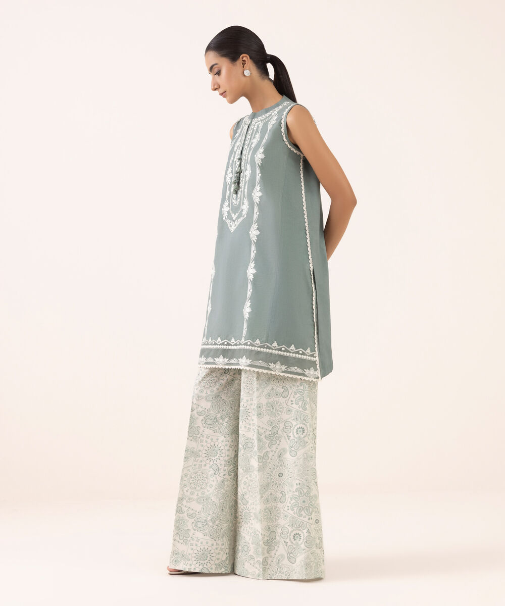 Women's Unstitched Cotton Embroidered Green Two Piece Suit