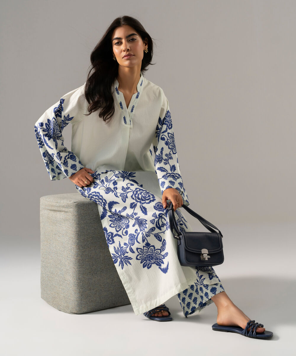 Women's RTW Seersucker Printed Pale White Straight Shirt