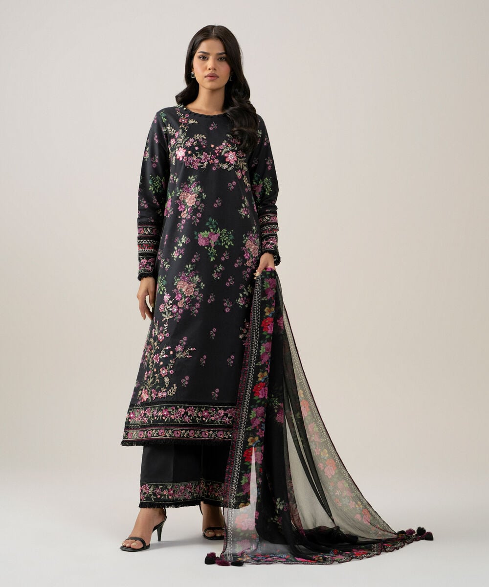 Women's Unstitched Blended Chiffon Printed Black 3 Piece Suit