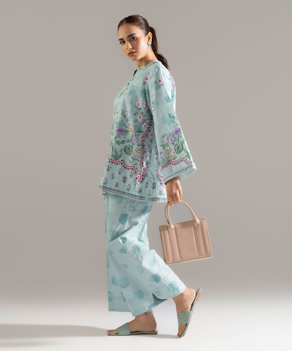 Women's RTW Seersucker Printed Blue Straight Shirt
