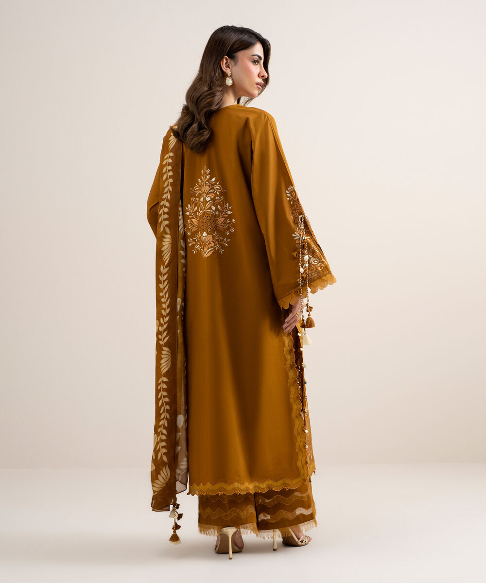 Women's Unstitched Textured Lawn Embroidered Brown 3 Piece Suit