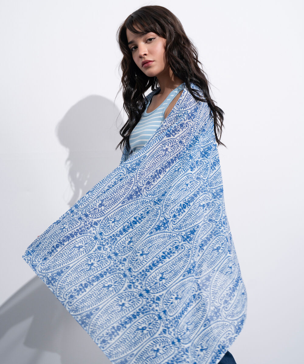 Women's Western White And Blue Printed Rectangular Scarf
