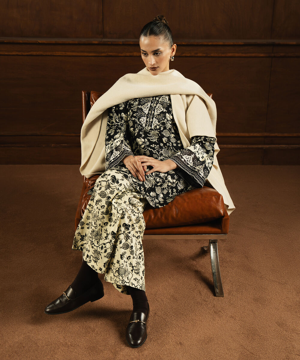 Women's RTW Khaddar Printed Off White Flared Pants