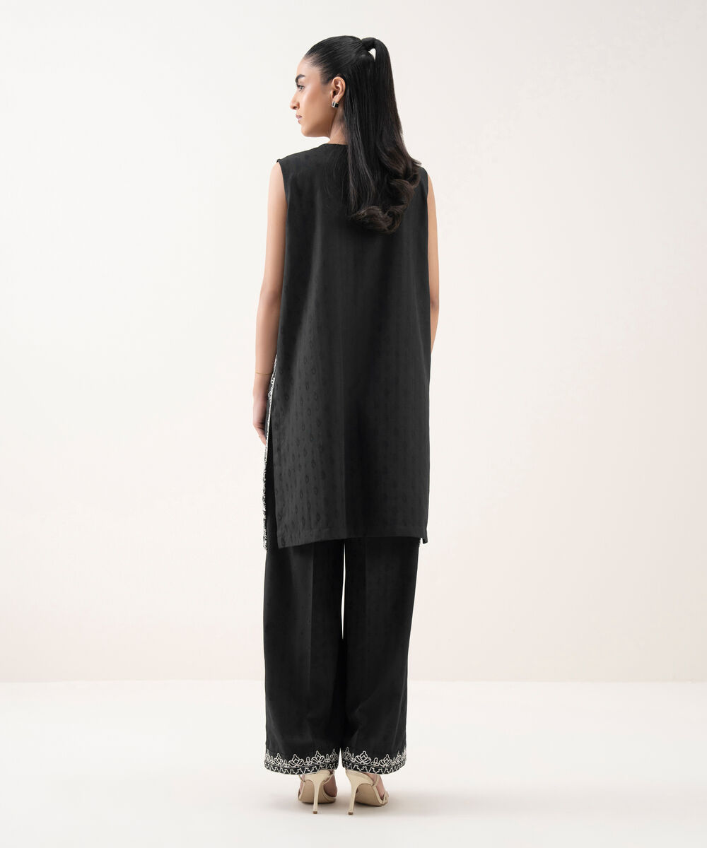 Women's RTW Cotton Jacquard Embroidered Black Straight Shirt