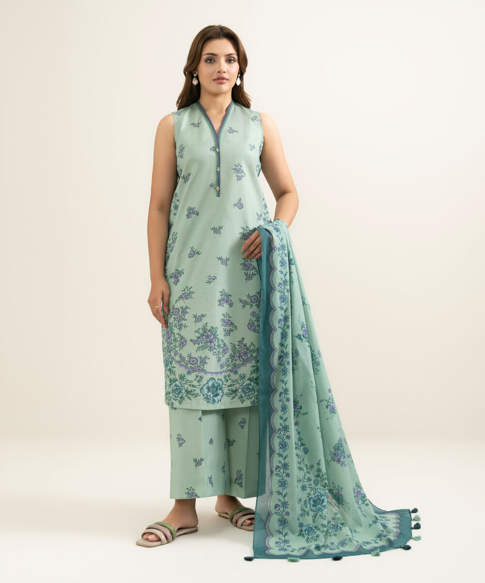 Women's Unstitched Zari Lawn Printed Green 3 Piece Suit