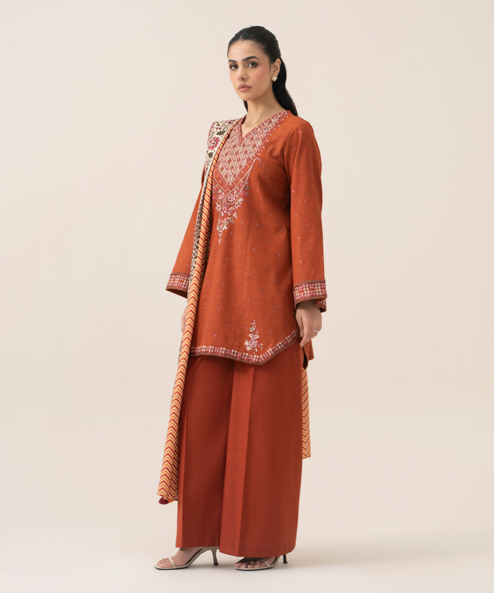 Women's Unstitched Cotton Embroidered Burnt Orange 3 Piece Suit