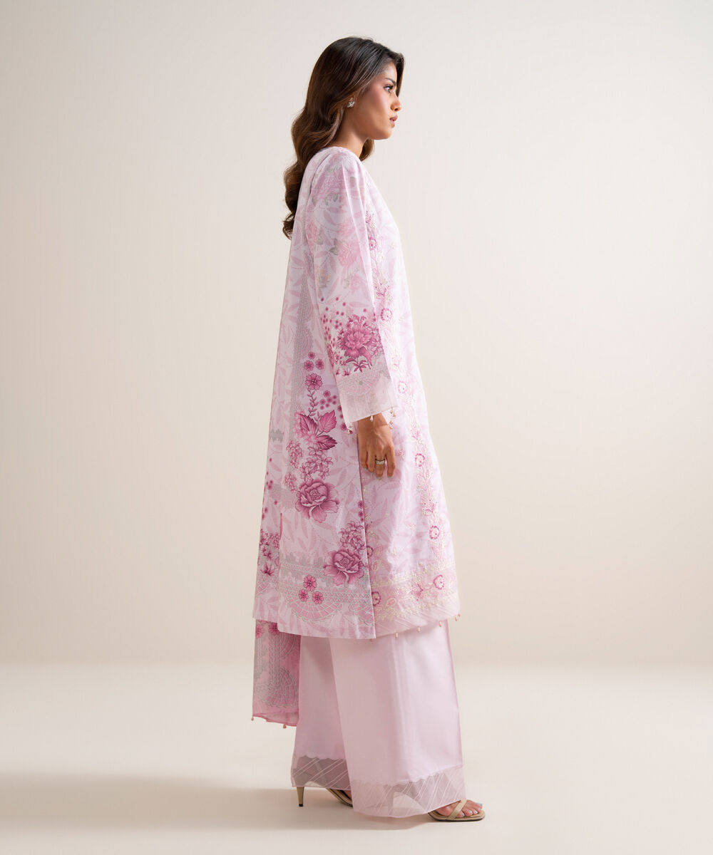 Women's Unstitched Lawn Embroidered Pink 3 Piece Suit