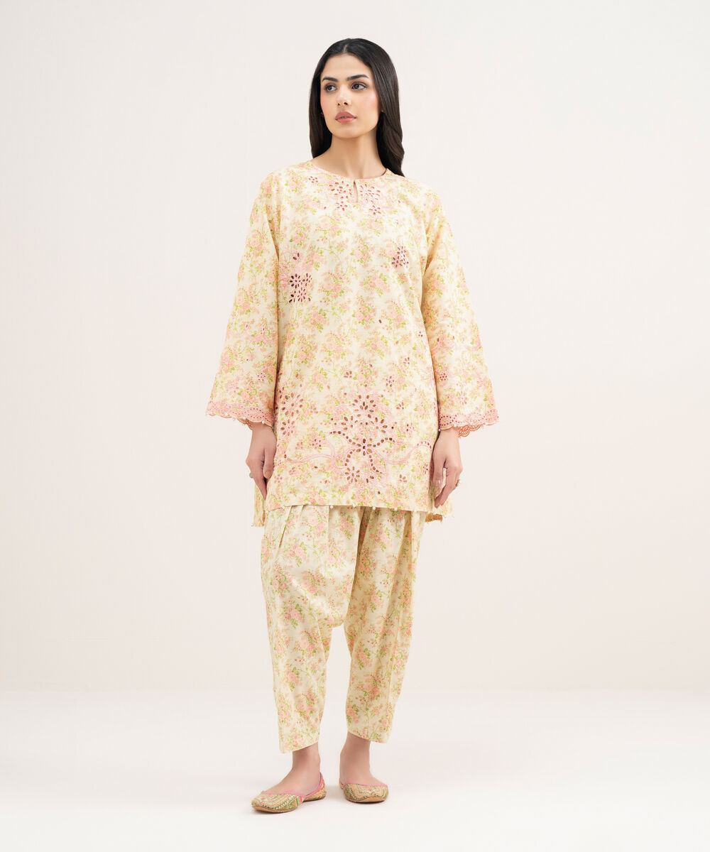 Women's RTW Zari Cotton Embroidered Yellow Straight Shirt
