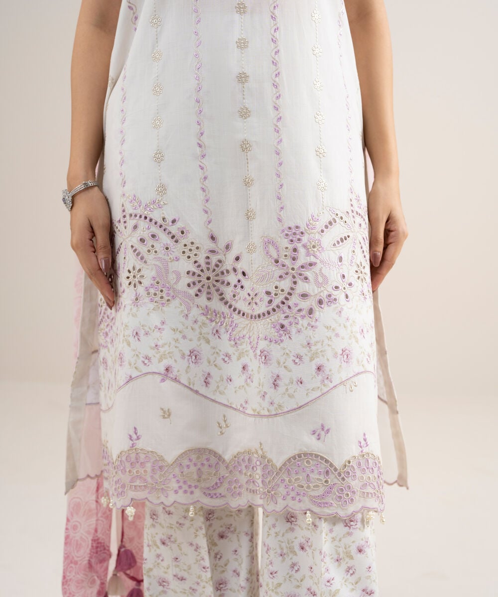 Women's Unstitched Dobby Embroidered Off White 3 Piece Suit