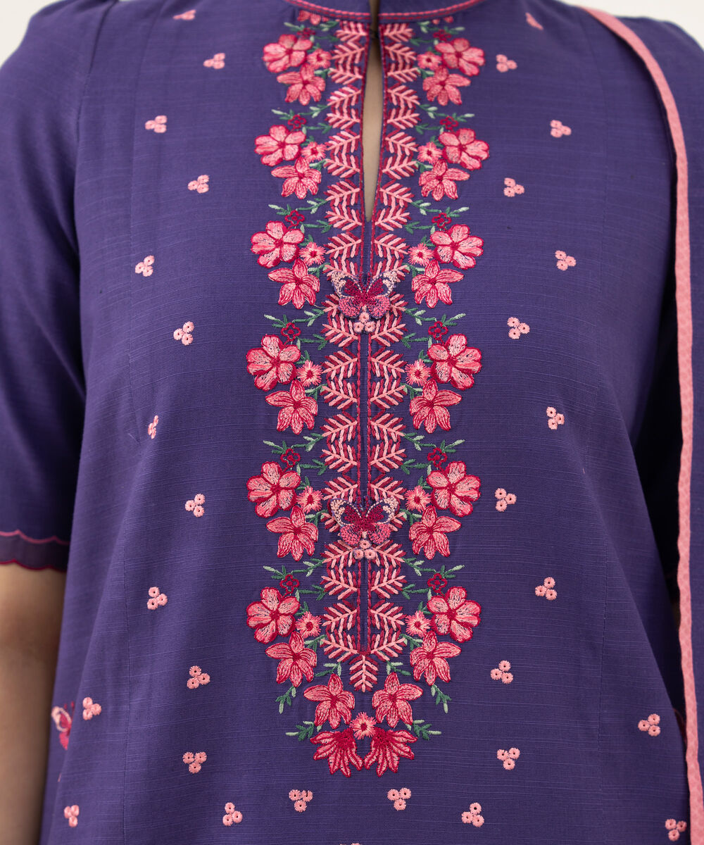Women's Unstitched Embroidered Khaddar Purple and Pink 3 Piece Suit