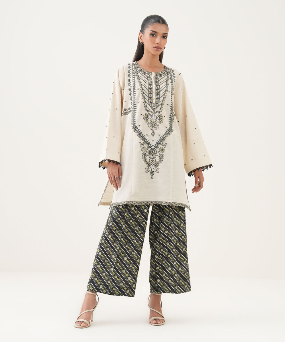 Women's RTW Cotton Embroidered A-Line Off White Shirt