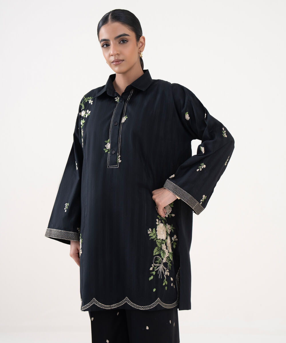 Women's RTW Textured Lawn Black Embroidered Drop Shoulder Shirt