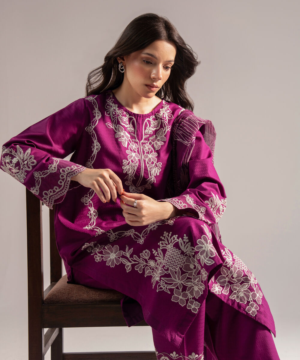 Women's RTW Dobby Embroidered Purple 3 Piece Suit