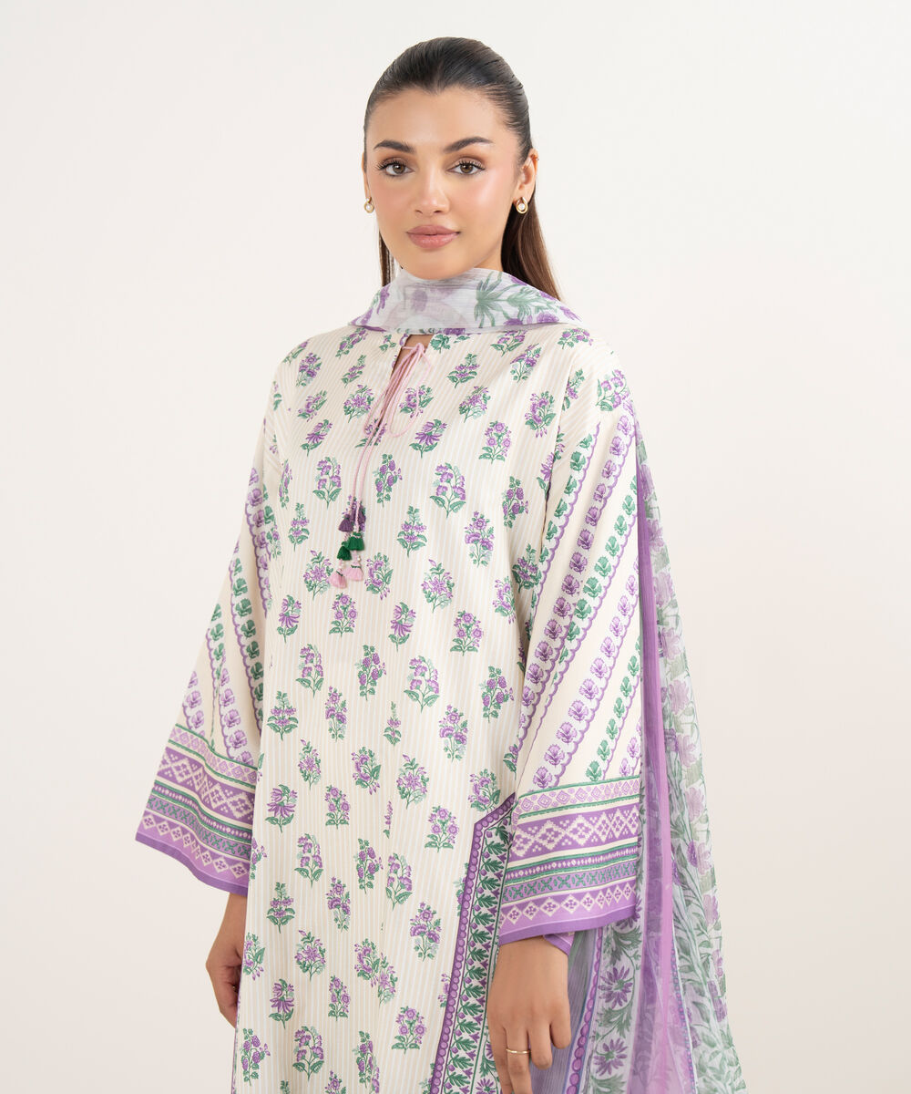 Women's Unstitched Cotton Printed Multi Three Piece Suit