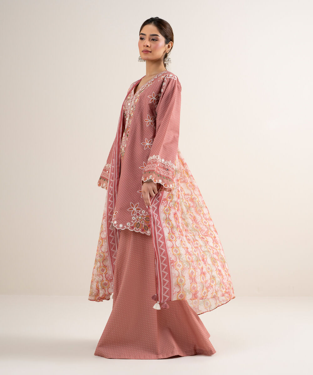 Women's Unstitched Lawn Embroidered Pink 3 Piece Suit