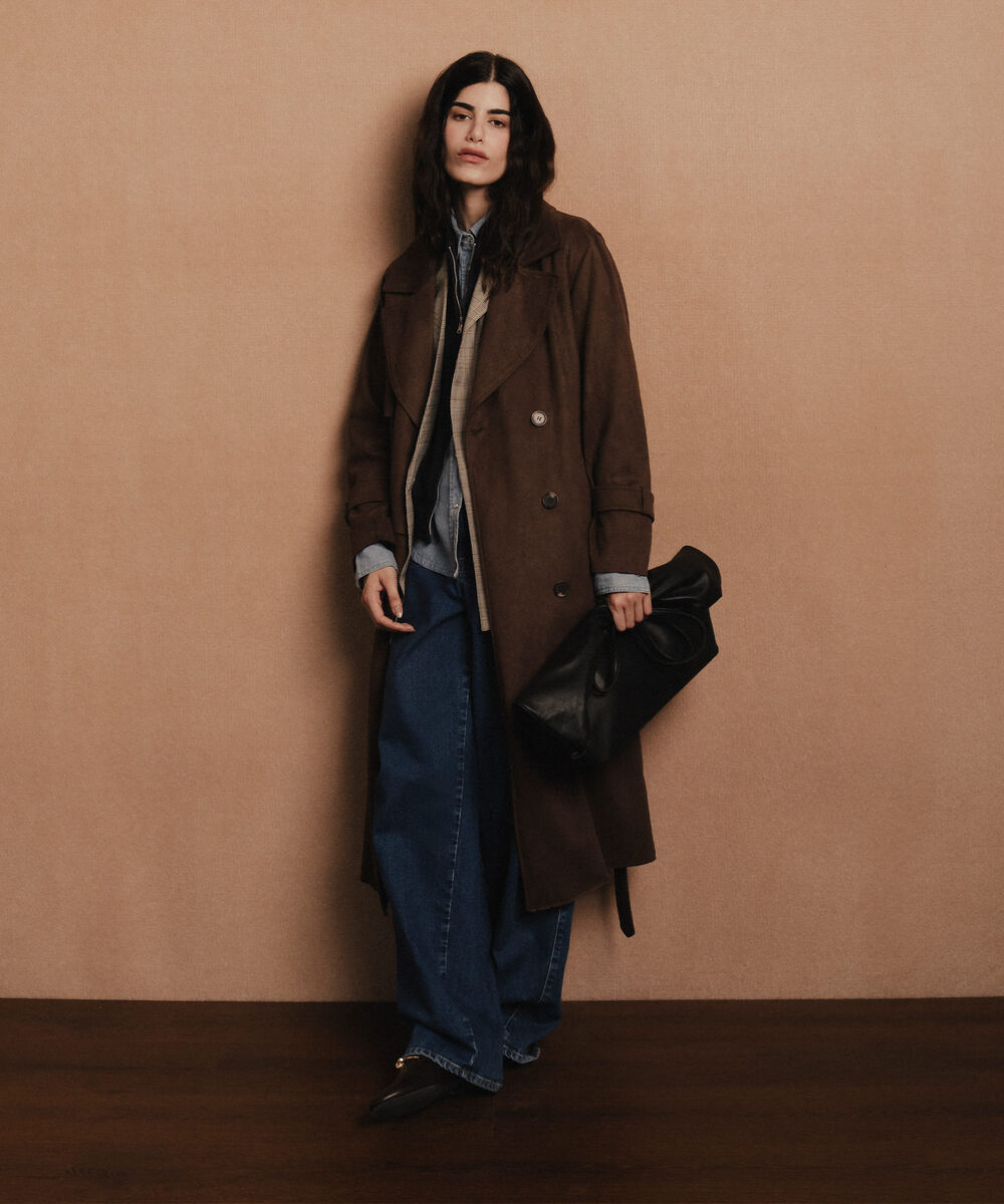 Women's Western Wear Light Camel Faux Suede Trench Coat