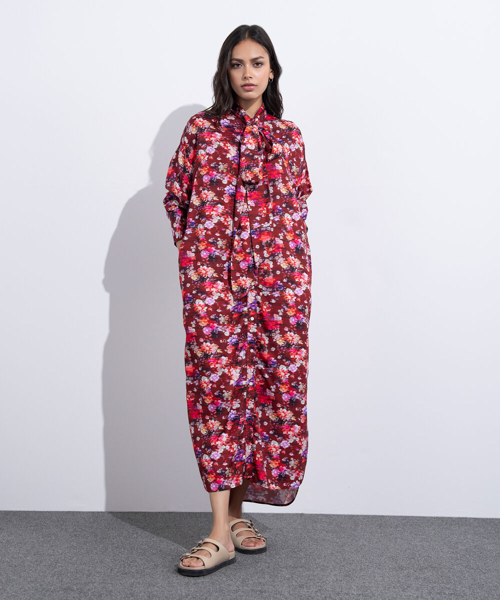 Women's Western Wear Red Printed Dress With Knot Detail