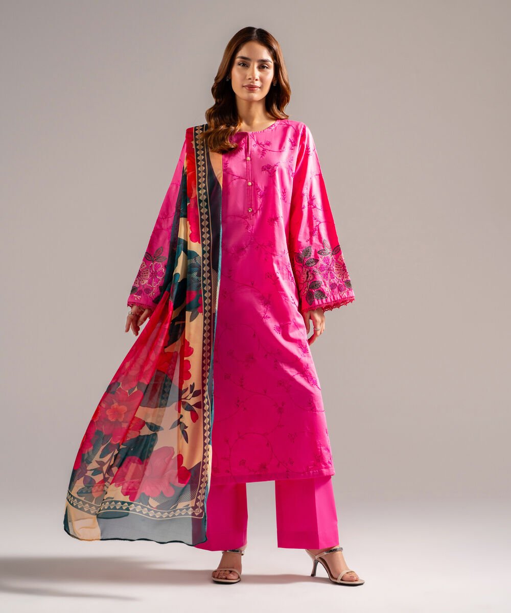 Women's RTW Cotton Satin Embroidered Pink 3 Piece Suit