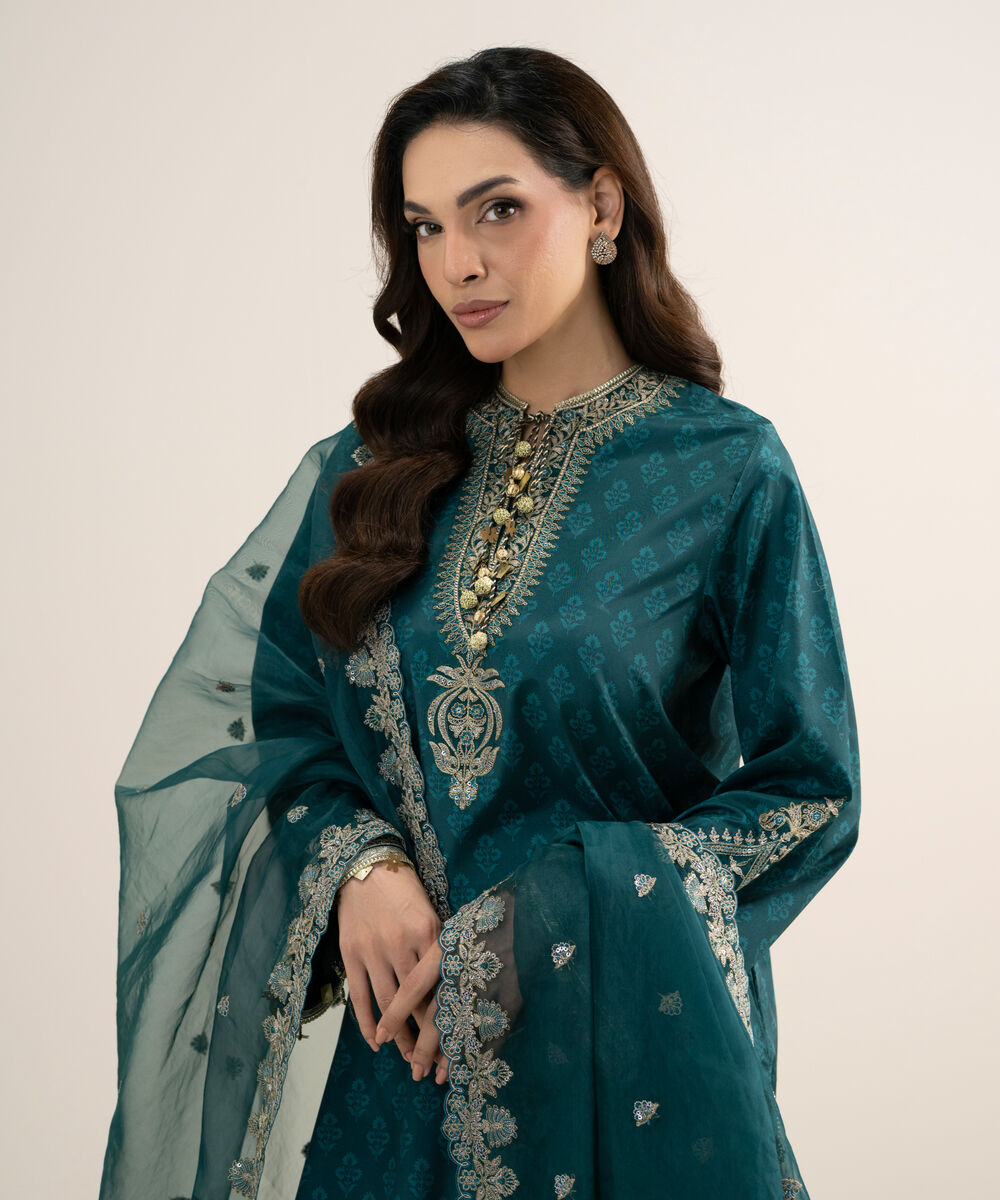 Women's Unstitched Printed Blended Grip Silk Green 3 Piece Suit