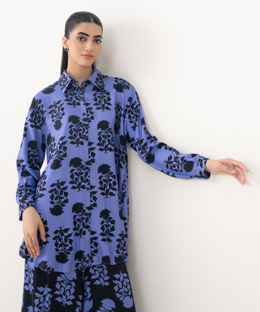 Women's RTW Viscose Linen Purple Printed Button Down Shirt