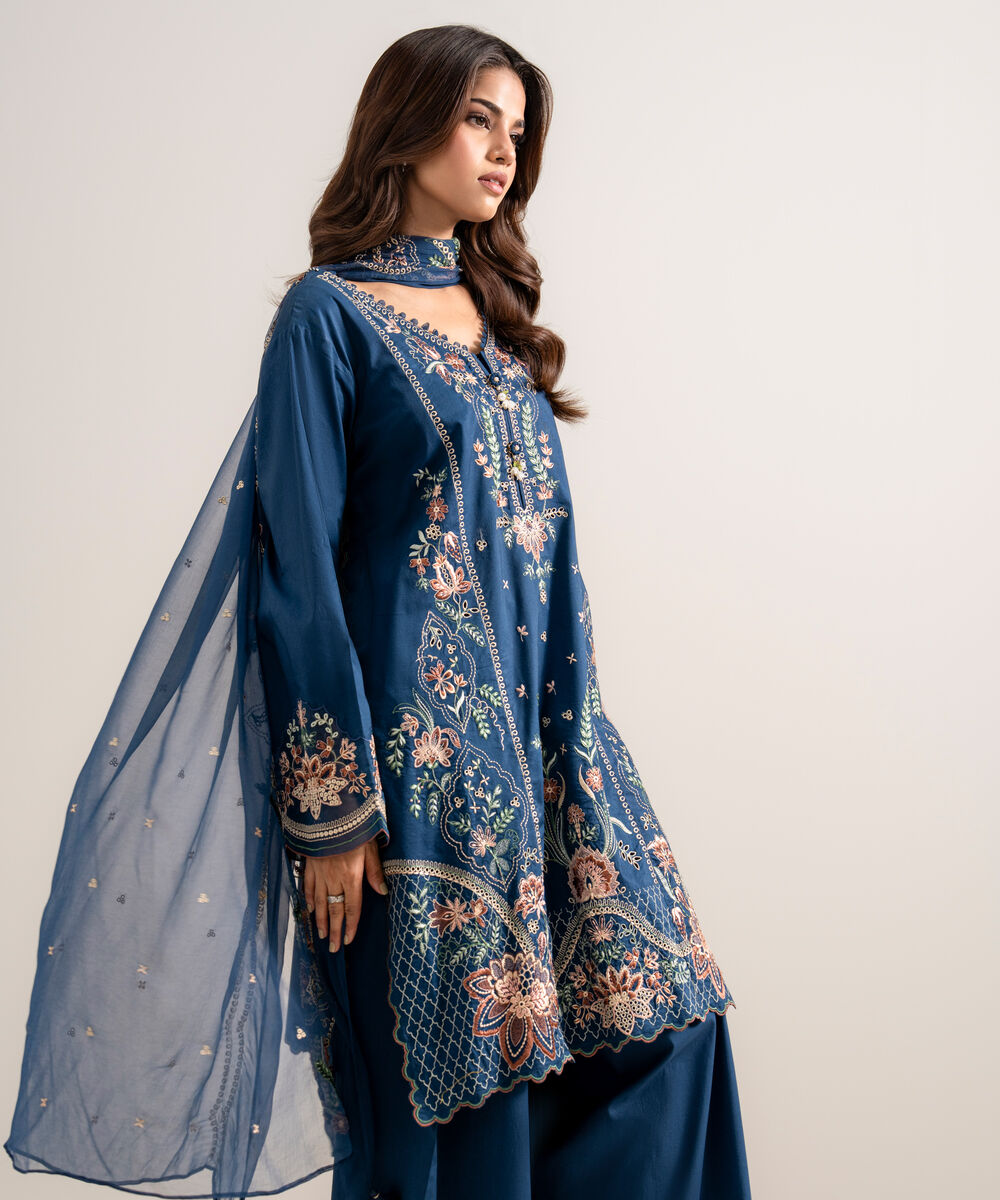 Women's Unstitched Embroidered Cotton Viscose Blue 3 Piece Suit