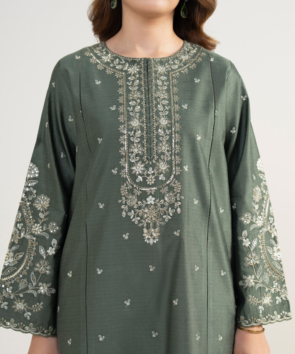 Women's Unstitched Cotton Net Embroidered Green 3 Piece Suit