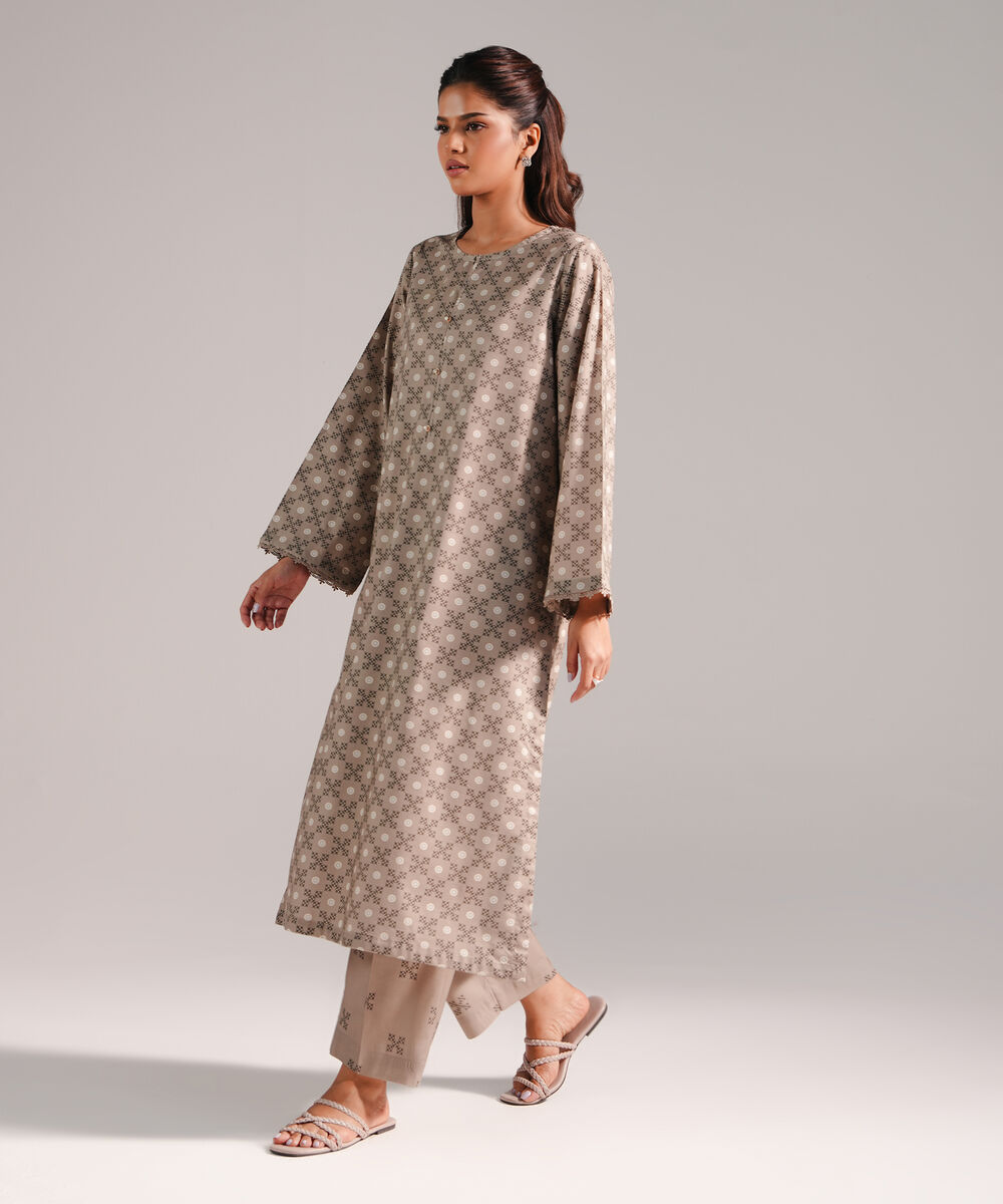 Women's RTW Cotton Viscose Printed Dark Beige 2 Piece Suit