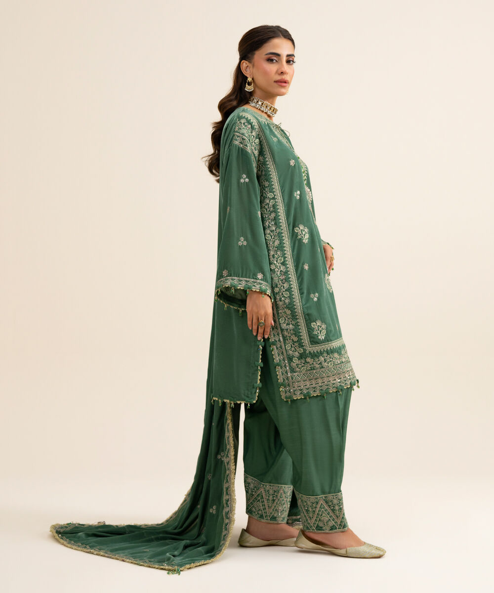 Women's Unstitched Velvet Embroidered Green 3 Piece Suit