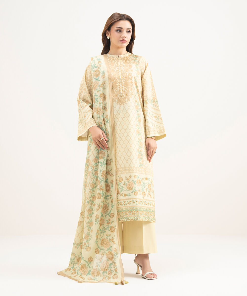 Women's Unstitched Lawn Printed Yellow 3 Piece Suit
