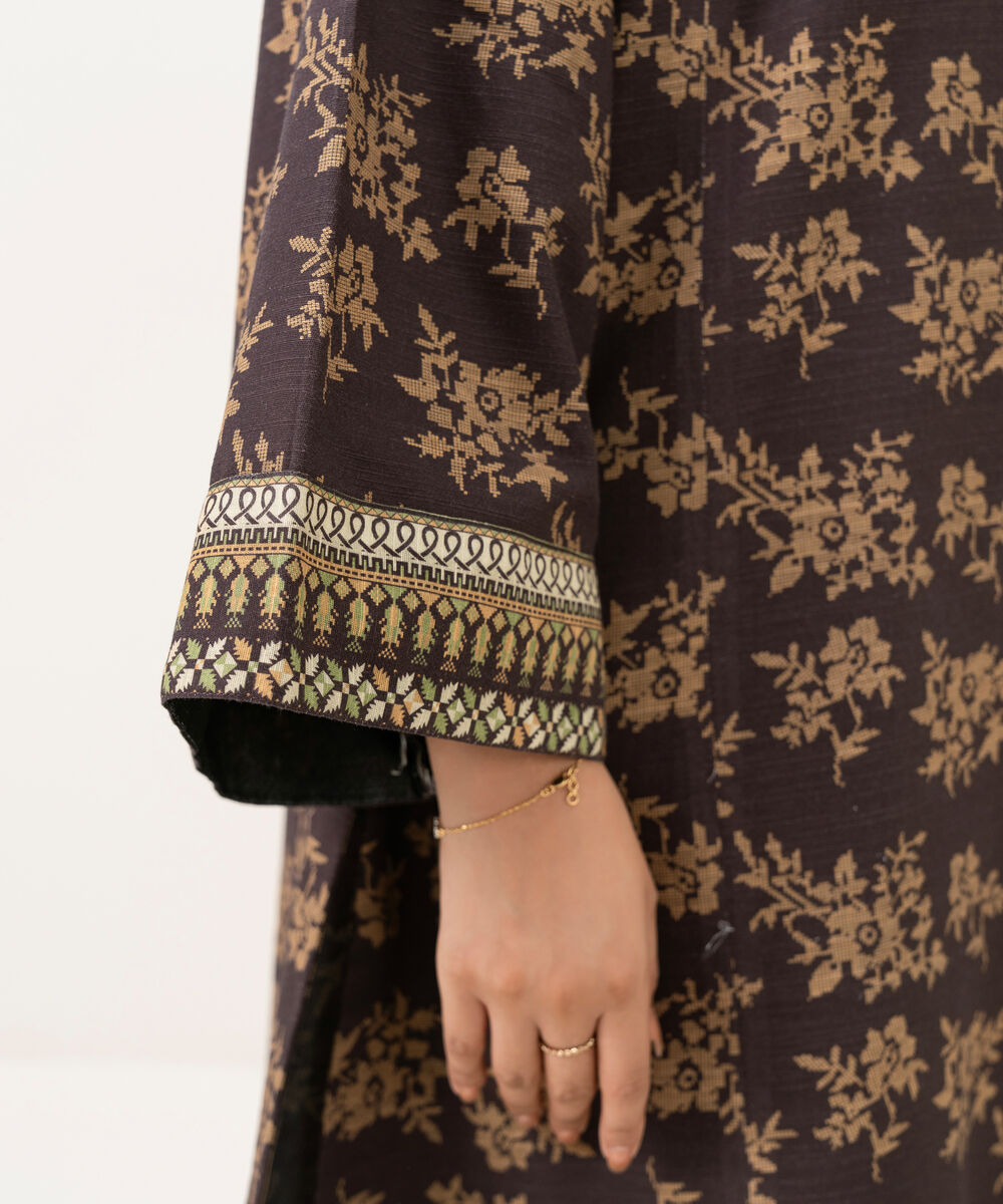 Women's Unstitched Khaddar Printed Brown 3 Piece Suit