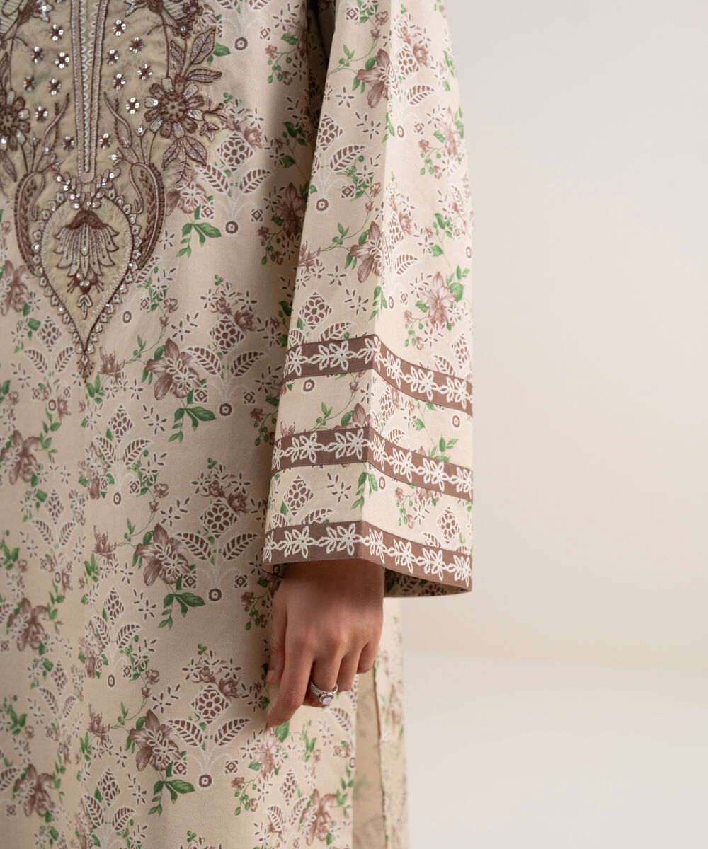 Women's Unstitched Lawn Embroidered Light Beige 3 Piece Suit
