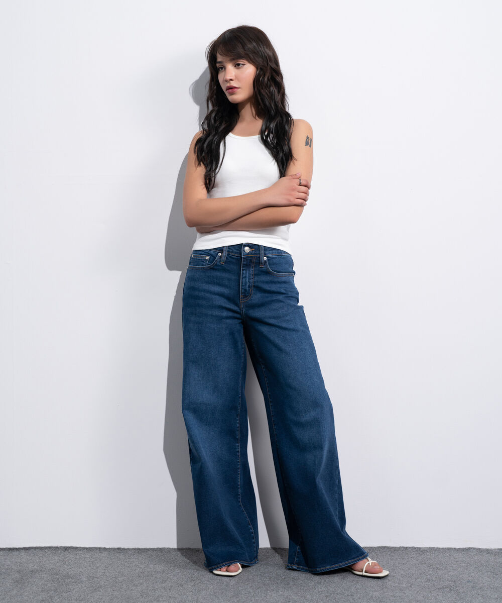 Women's Western Dark Blue Wash High Rise Wide Leg Jeans