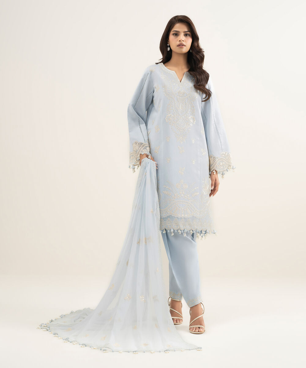Women's Unstitched Cotton Net Embroidered Blue 3 Piece Suit