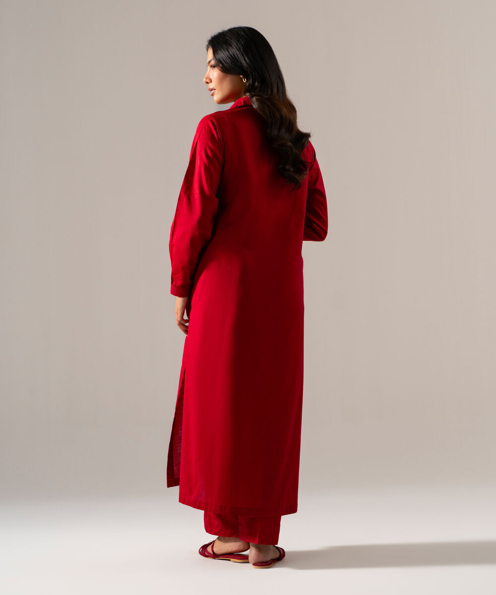 Women's RTW Cross Hatch Solid Embroidered Red Straight Shirt
