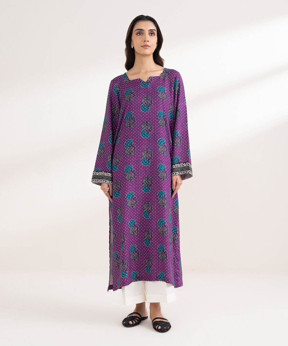 Women's RTW Viscose Linen Printed Straight Purple Shirt