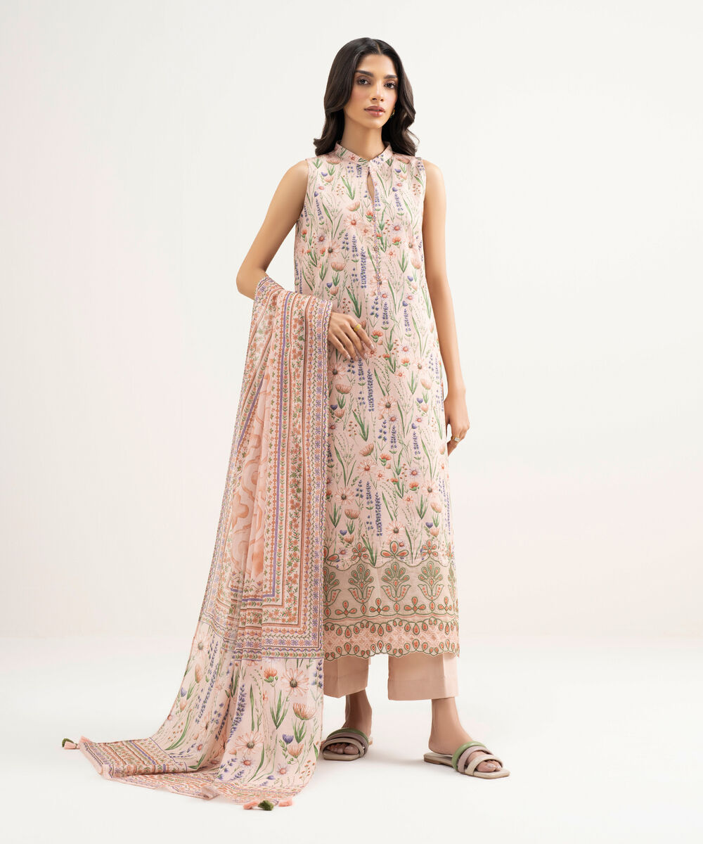 Women's Unstitched Zari Lawn Embroidered Pink 3 Piece Suit