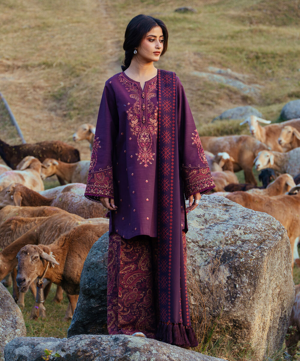 Women's Unstitched Khaddar Embroidered Purple 3 Piece Suit
