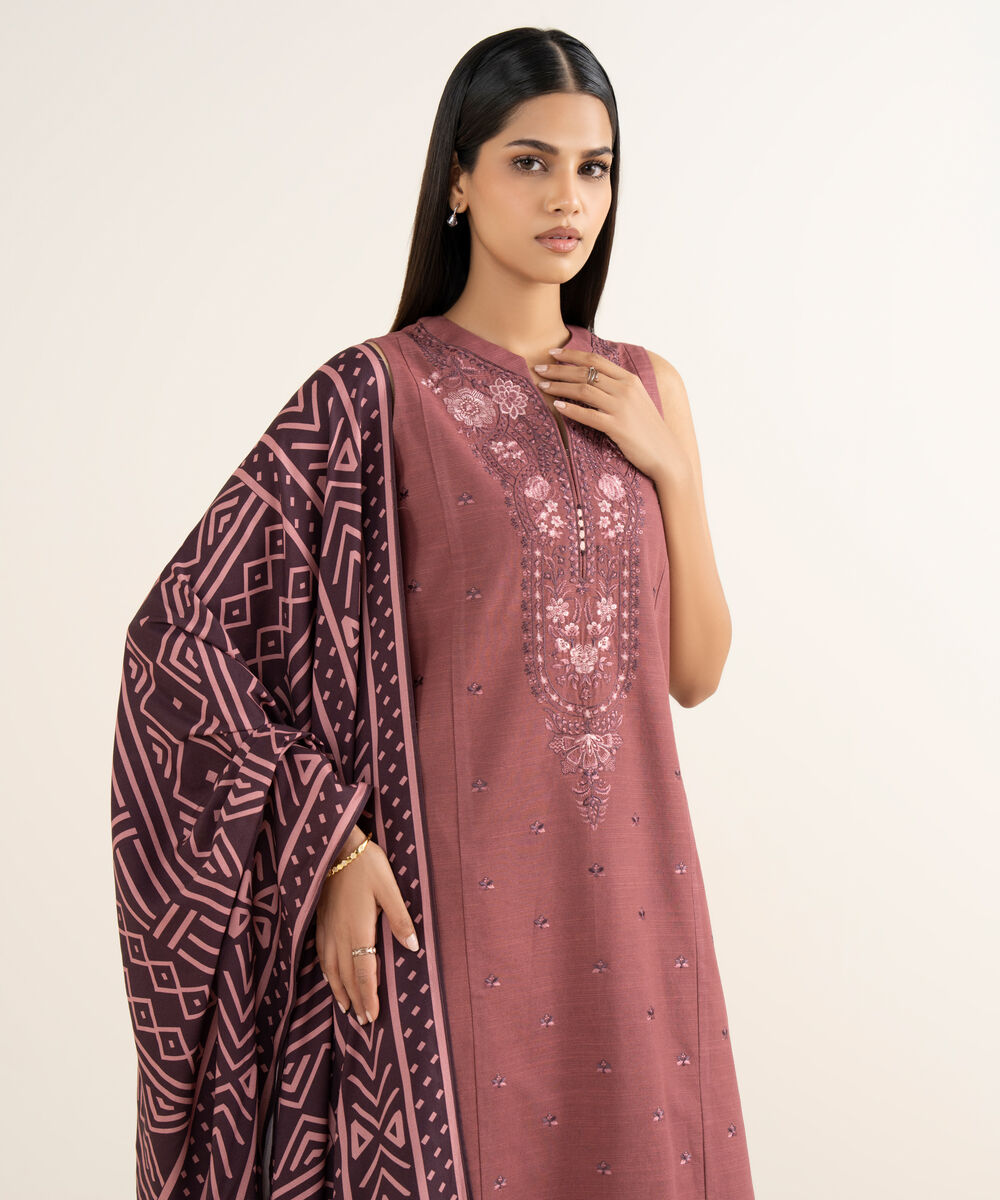 Women's Unstitched Light Khaddar Embroidered Pink 3 Piece Suit