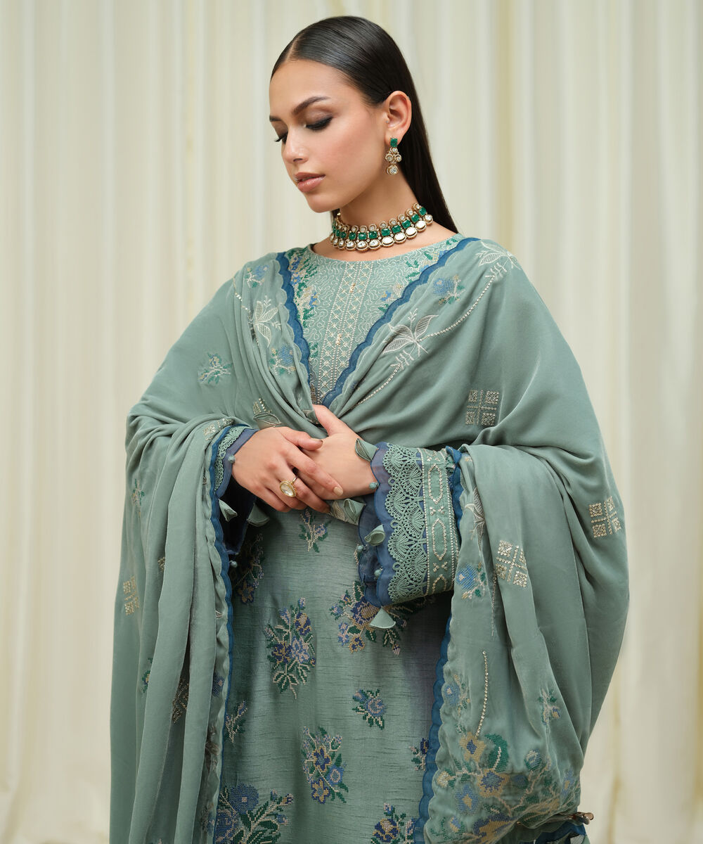 Women's Unstitched Raw Silk Embroidered Blue 3 Piece Suit