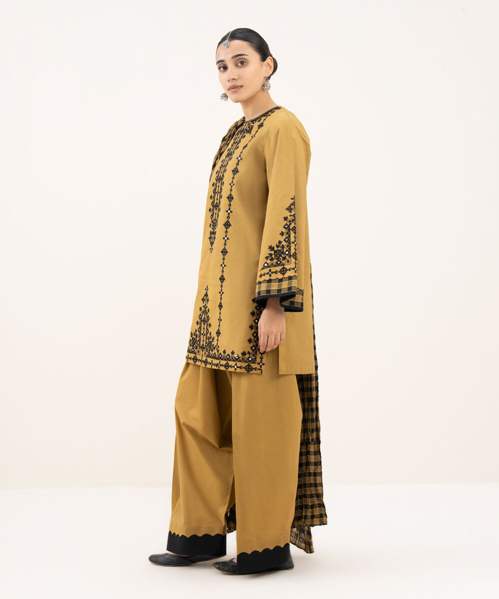 Women's Unstitched Cotton Embroidered Yellow 3 Piece Suit
