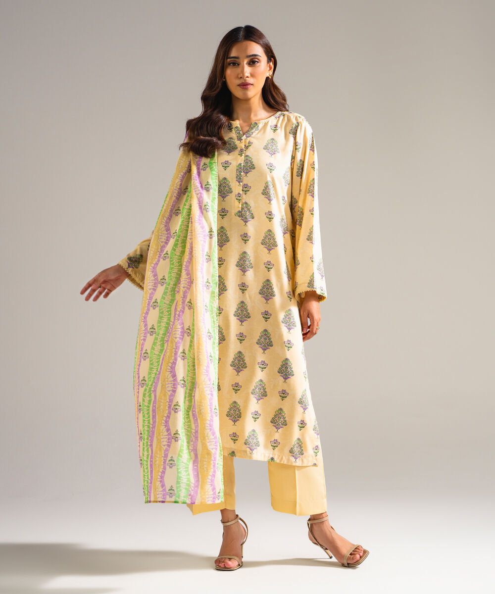 Women's RTW Arabic Lawn Printed Beige 3 Piece Suit