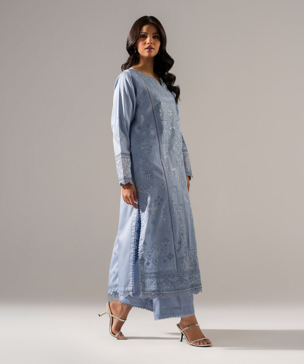 Women's RTW Cotton Satin Solid Embroidered Grey 3 Piece Suit