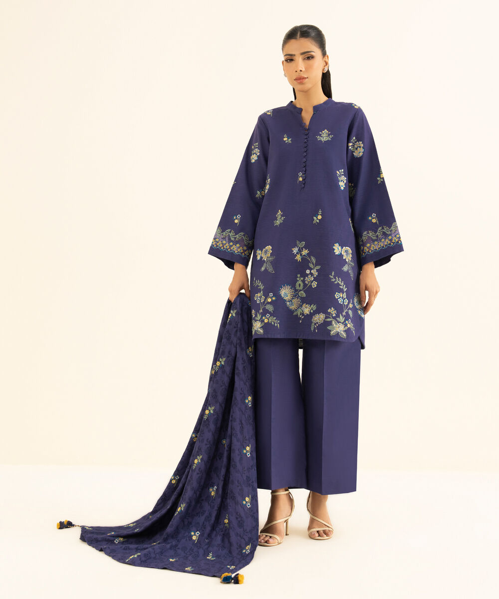 Women's Unstitched Khaddar Embroidered Purple 3 Piece Suit