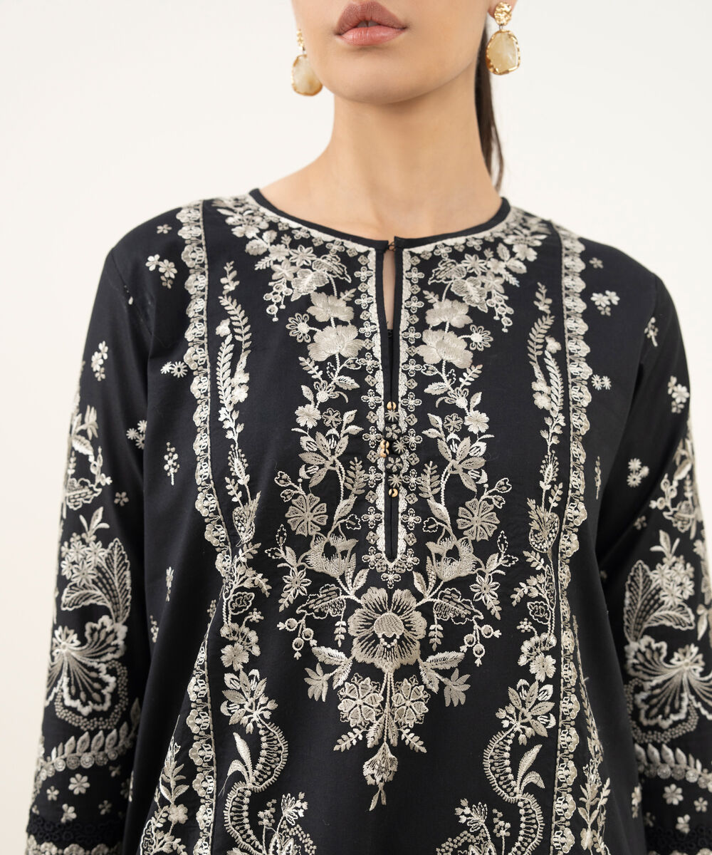 Women's Unstitched Embroidered Twill Black 3 Piece Suit