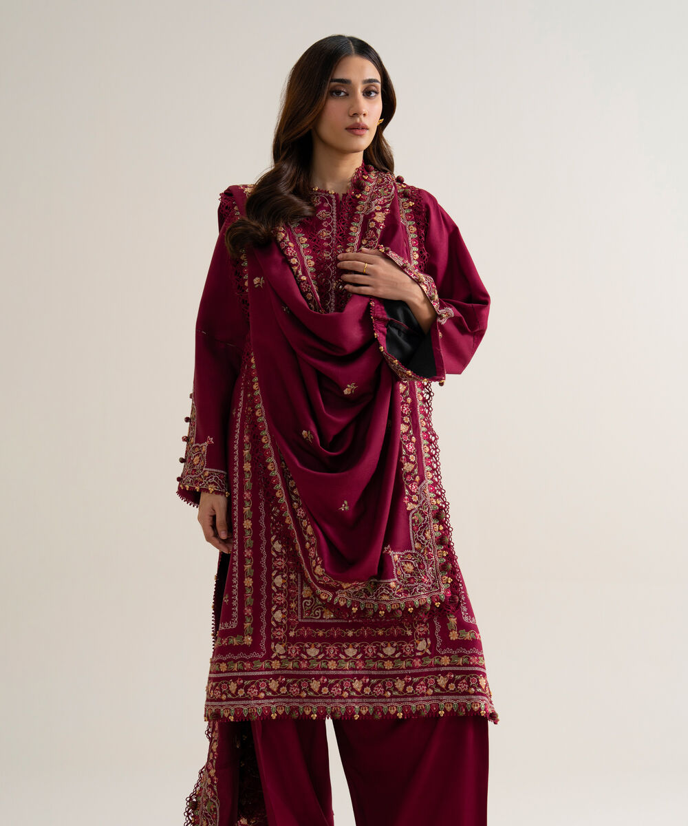 Womens Unstitched Cotton Twill Embroidered Pink 3 Piece Suit