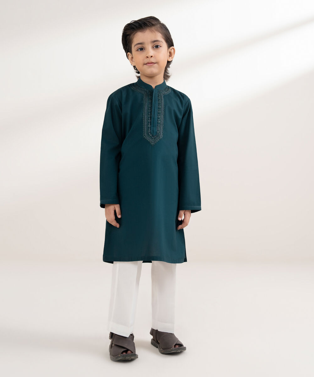 Boys Stitched 100% Cotton Teal Kurta