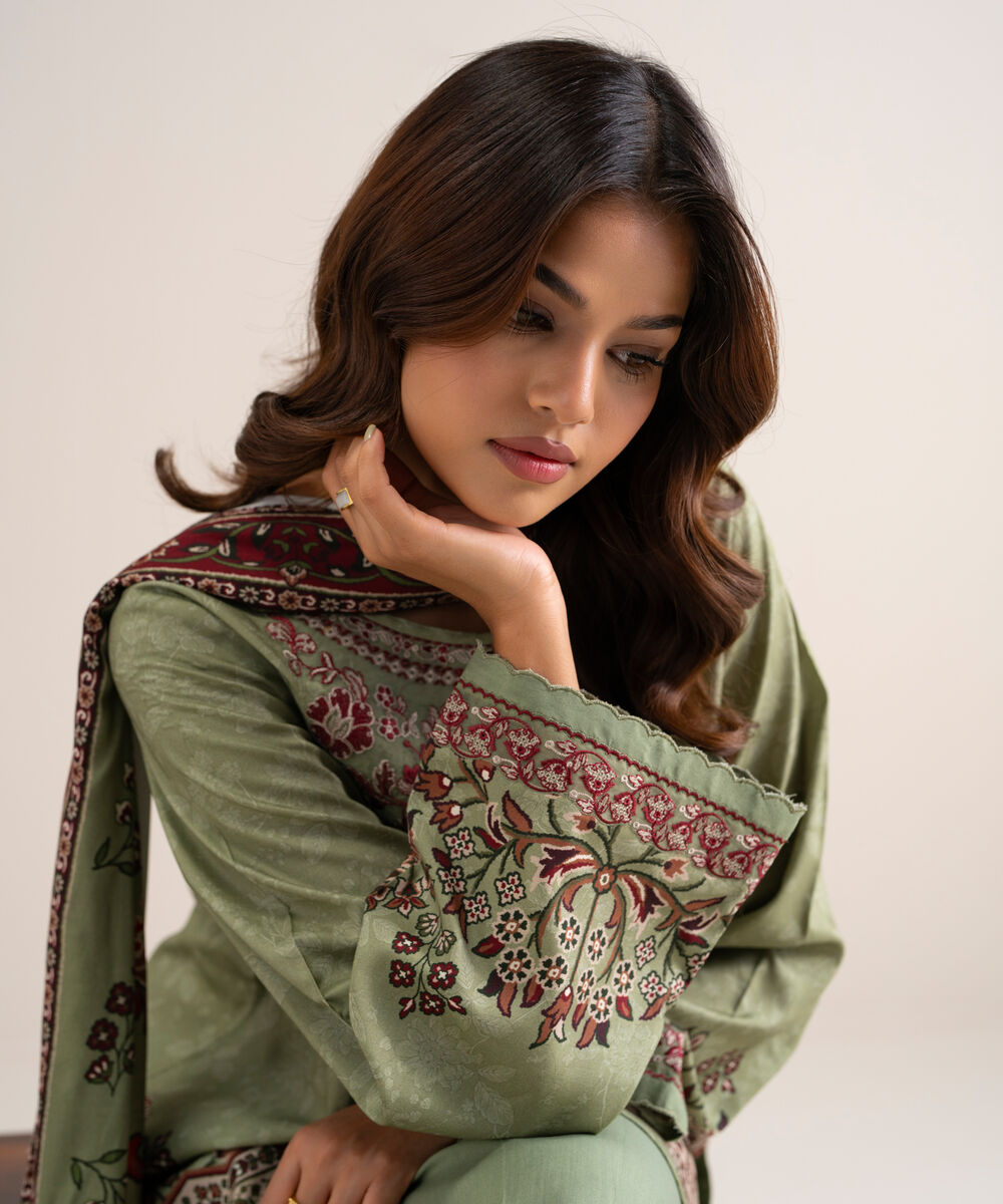 Women's Unstitched Printed Cotton Viscose Moss Green 3 Piece Suit