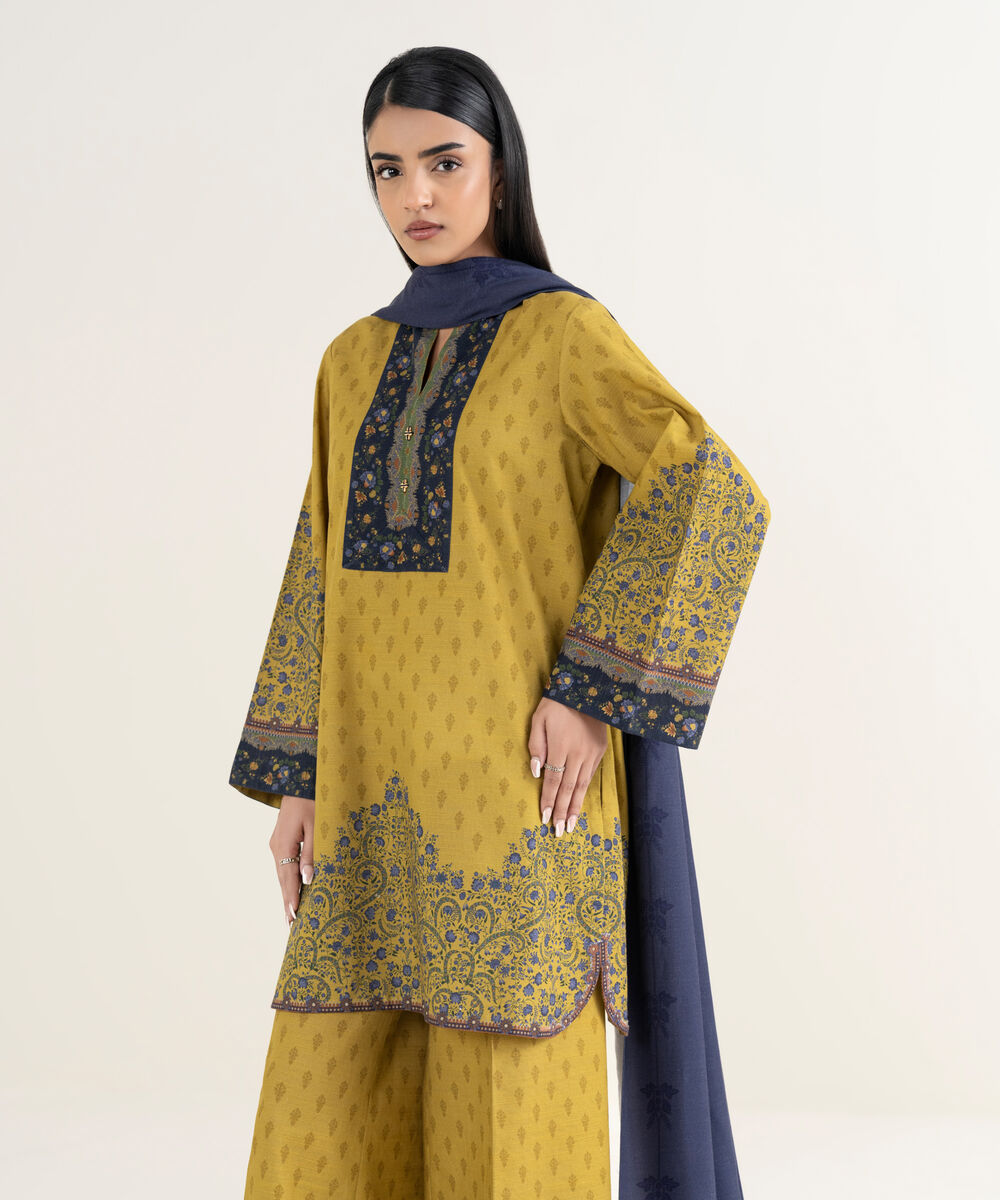 Women's Unstitched Printed Light Khaddar Mustard 3 Piece Suit